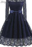 Women Winter Lace Long Sleeve Sexy Evening Party Hepburn 50s Elegant Vintage Autumn Dress Belt