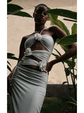Sleeveless Stereo Flowers Design Long Dress Women Black Halter Hollow Out Floral Long Bodycon Dress Elegant Party Club