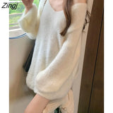 Winter Long Sleeve Sweet Elegant White Pullover Women Pure Color V-Neck Knitted Sweater Female Korean Style Y2k