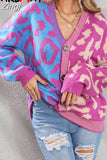 Winter Pink Leopard Print Cardigan Women Knitted Sweater V-neck Female 2023 Loose Button Coat Warm Cardigan for