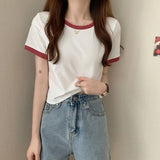 Zingj Color Round Collar Short-Sleeved T-Shirt Female 2024 New Summer Bottom Shirt Korean Version Slim Short Student Top