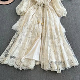 Stand-Up Single Buckle Heavy Industry Hook Flower Embroidery Lantern Sleeve With A Long Dress With A Big