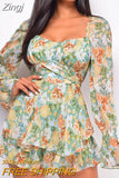 Summer Women's Jumpsuit Long Sleeves Lace Up Ruffle Floral Print Romper Female Playsuit 2023 Sweet Square Collar