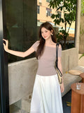 Xixi 2025 Spring And Summer New One-Word Collars Bottom-Up Knitted Short-Sleeved T-Shirt For Women