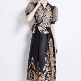 Court Style Dress Women's Early Spring New Bubble Sleeve Retro Print High-End Swing Dress