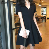 Women Elegant Black Slim Mini Sexy V-neck Ruffles Short Sleeve Mature Vestido Cozy Summer Solid Comfort Fashion Simple