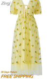 Women Party Long Dress Short Sleeve V Neck Tie-up Front High Waist Fruit Sequins Ruffle Tulle Hem Princess Dress