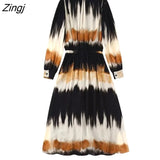 Women Vintage Patchwork Tie Dye Printing Casual Slim Midi Dress Female Chic V Neck Elastic Waist Lace Up Vestidos