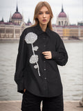 Spring New Fashion Temperament Stand Collar Heavy Industry Water Diamond Flowers Inlaid Loose Show Thin Women's Long Sleeve
