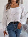 2025 Casual Square Collar Button Solid Color Hollow Lantern Sleeve Sweater Temu Women's