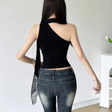 Zingj Summer Women's Lace Ribbon Stitching Hollow Out Asymmetrical Slim Small Vest-Outfit