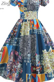 Women Vintage Floral Printed Summer Dress Puff Sleeve Elegant A-line Midi Party Dress Robe Chic Rockabilly Pinup