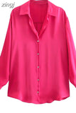 Women Lapel Solid Elegant Satin Shirt Blouses 2023 Vintage Long Sleeve Loose Button Up Female Single Breasted Shirts Tops