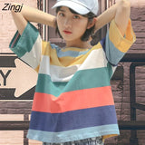 Sleeve T-shirts Women Rainbow Colors Stripped Fashion Summer Student Sweet Girls Clothes Leisure Breathable Ins