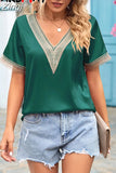 Women's Satin Blouse Elegant Green Vintage Loose Beautiful Short Sleeve Shirt Summer Top Tunic White Blouse for Women