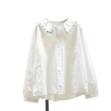 Embroidered Doll Collar White Shirt Women 2025 New Loose Thin Lantern Sleeve Shirt