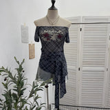 Y2k Single-Layer Mesh Yarn Printed Short-Sleeved T-Shirt Design With A Word Strap To The Shoulder
