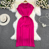 Zingj Summer Korean Version Retro Temperament Short Sleeve Polo Collar And Waist Show Thin Bow Tie With A-Line Knit