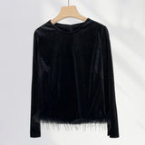 Zingj Pull Full Feather Decorative Atmosphere Top Early Spring New Black Velvet French Long-Sleeve