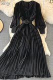 Embroidered Pleated Long Dress Vintage V-Neck Lantern Sleeve High Waist Draped Maxi Vestidos Female 2023