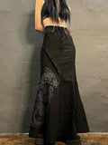 Chinese Style Vintage Fashion Dragon Print Long Skirt Lace Up Ruffles Elegant Women Skirts High Waist Gothic