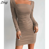 Square Collar Ruched Dresses Women Sexy Slim High Waist Casual Female Clothing Solid Long Sleeve Backless Mini