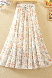Women Summer Long 2023 Spring Ladies Floral Print High Waist Elegant Sweet Casual Chiffon Skirts Beach Faldas