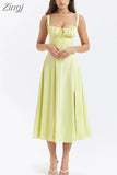 Elegant A Line Midi Dress Sexy Spaghetti Strap Lace Up Red Holiday Party Dresses Split Summer Dresses Women
