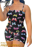 Off Shoulder Romper Bodycon Women Fashion Jumpsuit 2023 Bodysuit Shorts Butterfly Printed Short Sleeve Bodysuit