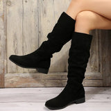Pile Velvet Brae Western Boots Women High-Clinity Cylindrical Head Solid Color Coarse And Flat Bottom Fashion