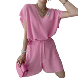 Chic Sweet V-Neck Loose Letter Sticker Short-Sleeved Knitwear + Rope High-Waisted Leisure Wide-Legged Shorts
