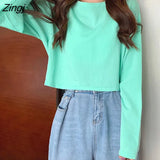 Sleeve T-shirts Women Basic Tees O-Neck Crop Tops New Spring Autumn Loose Leisure Candy Color Sweet Tshirts Female