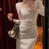 Women Spring Autumn Midi Dress Elegant Bodycon Office Lady Slim One Piece Clothes