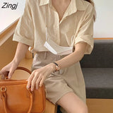 Women Striped Leisure Summer New Fashion Turn-down Collar Elegant All-match Soft Simple Vintage Female Korean Style