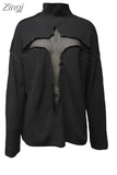 Y2K Women Spring Autumn Hollow Out Sweaters Knitwear Mesh Patchwork Long Sleeve High Neck Ribbed Knitted
