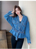 Spring Autumn Explosion Of Denim Nails Hanb, The Collection Of V-Neck Loose Denim Jacket Bf Fashion Women's