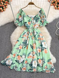 Women Sexy Floral Chiffon Dress Female Elegant V-Neck Short Sleeve High Waist A-Line Beach Vestido Casual Party Robe