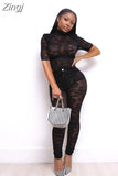 Women 2Pcs Clubwear Outfits Sets Short Sleeve High Neck Zipper Bodysuits Tops Lace Floral See Through Pencil