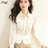 Shirts Women Pure S-3XL Simple Gentle Folds Design Temperament Office Ladies Tops Chic Elegant Slim All-match Long
