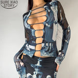 Spring Autumn O-Neck Hollow Out Shirt Long Sleeve Print Tops Sexy Navel-exposed Fashion Casual Clothes Women Blusas
