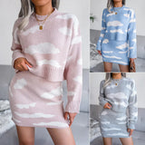Wind Shooting Autumn And Winter White Cloud Knitted Sweater Hip Half Skirt Two-Piece Women's