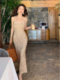 Women Sexy Sequin Strap Dresses 2025 Spring Summer Elegant Vintage Party Club Dress Korean Fashion One Piece Clothes 211-1-Outfit