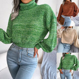 Wind Shooting 2025 Autumn And Winter Mixed Color Lantern Long-Sleeved High-Neck Knitted Sweater Women's