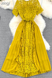 Women Lace Patchwork Pleated Long Dress Elegant Round Neck Short Sleeve High Waist Draped Party Maxi Vestidos Female