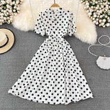 Women Polka Dot Midi Dress Vintage V-Neck Single Breasted Short Sleeve A-Line Vestidos Female Elegant New Fashion