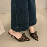 And Summer 2025 New Korean Version Of High-Heeled Women's Slippers Leopard Bow One-Footed Pedaled Women's Shoes Fine