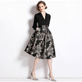 Dress Women's Autumn New Light Luxury Niche High-End Feeling Deep V-Neck Splicing Of The Flowers Showing Thin And Fluffy Long