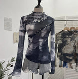 Pure Want To Play The Bottom Of The Long-Sleeved T-Shirt Design Hollow Print Irregular Mesh Yarn Personality Hottie Top