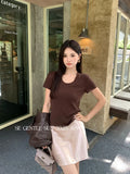 Xixi 13 Lines 2025 Autumn White Standard Temperament Collar Bottom Knitted Short-Sleeved T-Shirt