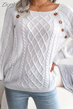 Women Knitted Ruched Sweaters Pullovers Tops 2023 Autumn Winter Buttons Patchwork O-neck Loose Causal Jumpers